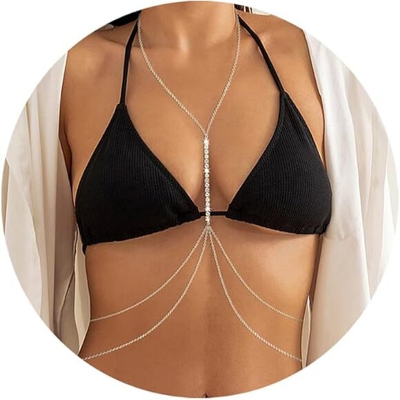 Sexy Body Chains for Women, Layered Rhinestone Crossover Row Diamonds(Sliver) - Picture 3 of 6